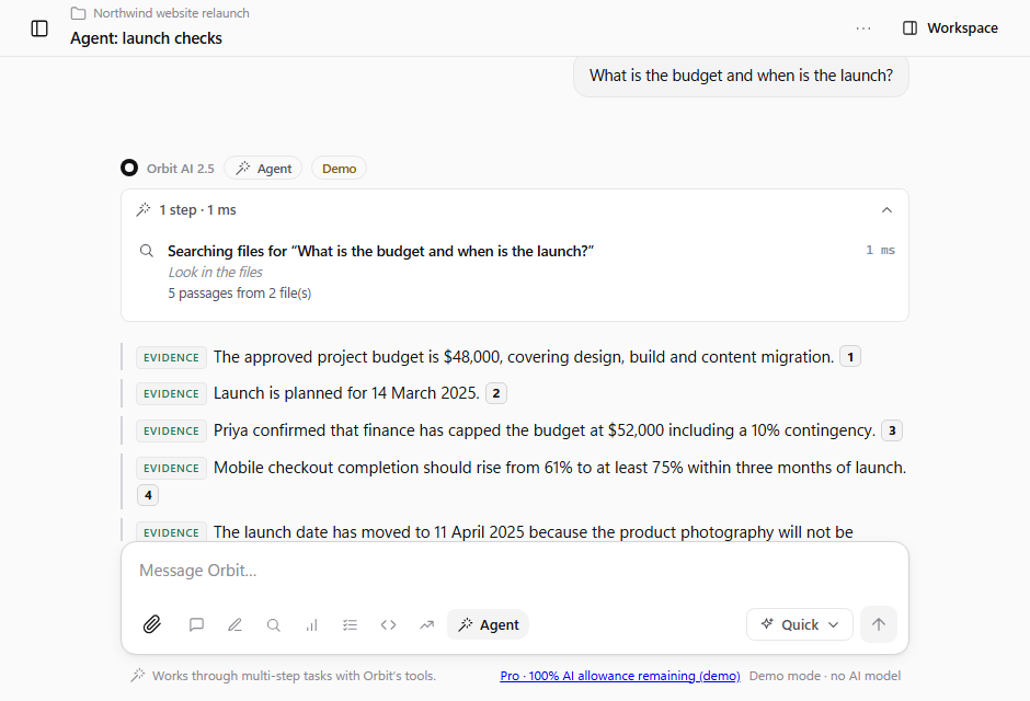 An agent run showing its first step and a proposed edit alongside the document