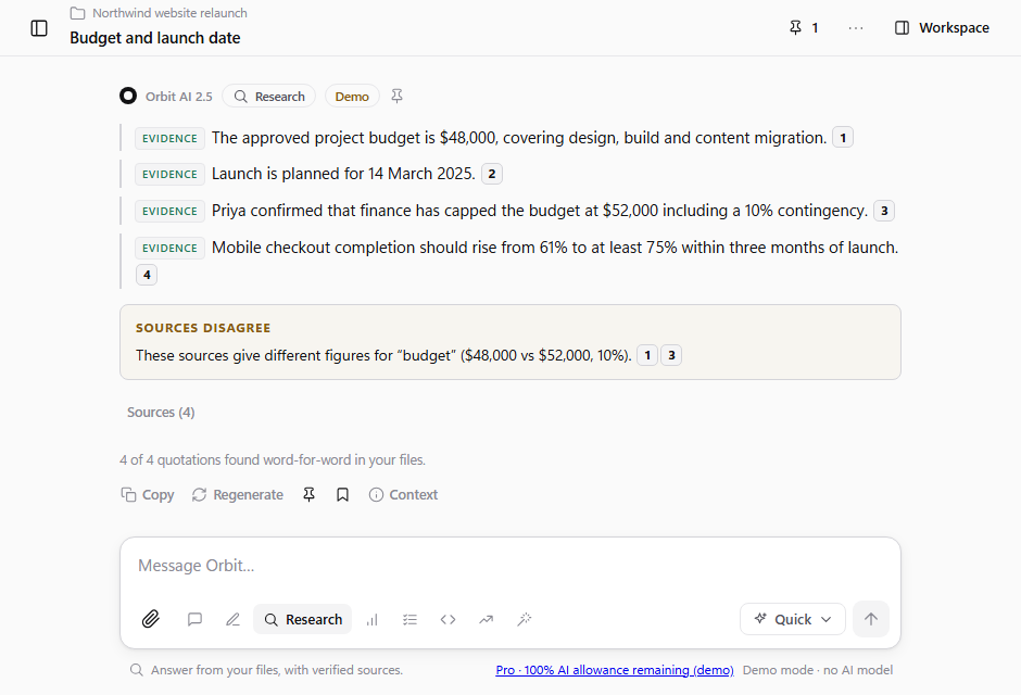 Orbit answering “What is the budget and when is the launch?” from two files. Each claim is labelled Evidence and carries a numbered citation, and a box notes that the sources disagree on the budget.
