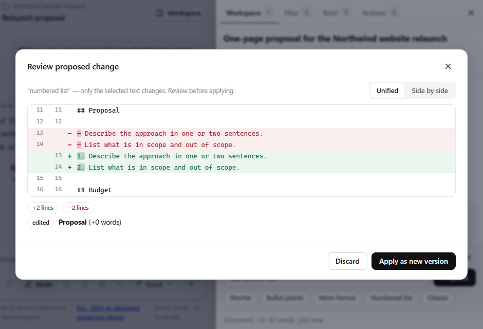 A proposed change to one section of a document shown as a side-by-side diff